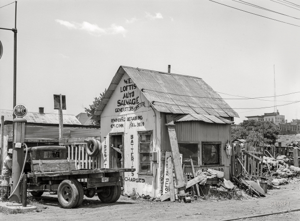 Photo showing: Loftis Salvage -- July 1939. Automobile salvage business in Muskogee, Oklahoma.