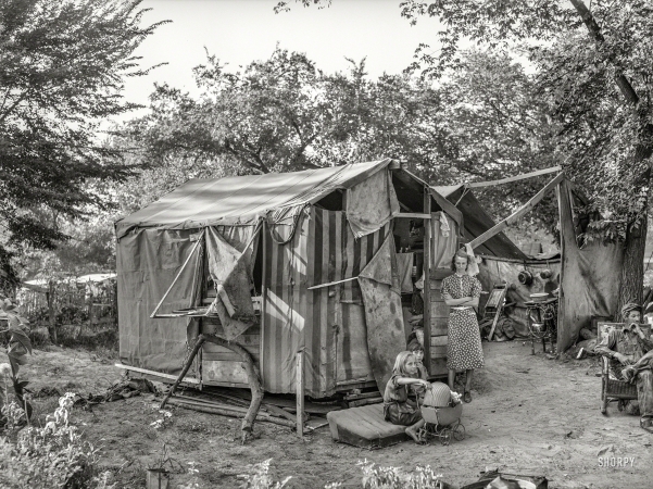 Photo showing: Patio Living -- July 1939. Tent home of family living in community camp. Oklahoma City.