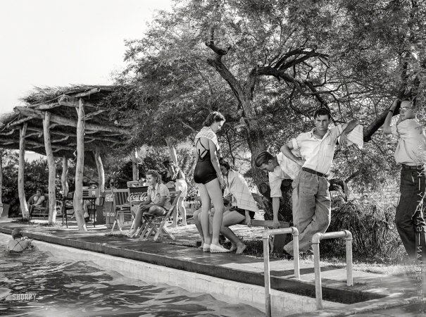 Photo showing: A Wet Heat -- April 1940. Coolidge, Arizona. Swimming pool at desert dude ranch.