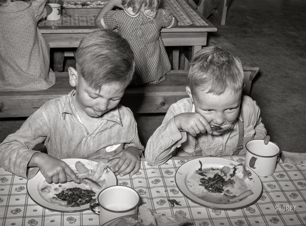 Photo showing: The Stag Table -- May 1940. Boys eating their lunch at the WPA nursery school at Casa Grande Valley Farms. Pinal County, Arizona.