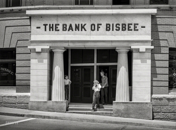 Photo showing: Bank of Bisbee -- May 1940. Bank in copper mining center of Bisbee, Arizona.