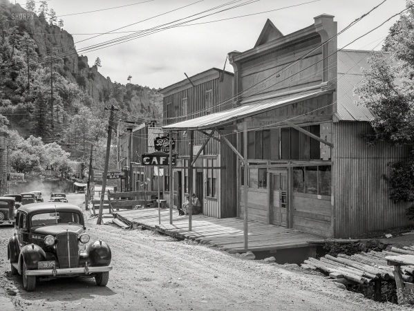 Photo showing: Mogollon, N.M. -- May 1940. On the main street of Mogollon, New Mexico.