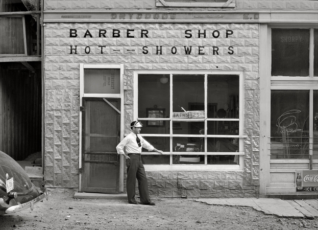 Photo showing: Shower and a Shave -- June 1940. Barber shop at gold mining community of Mogollon, New Mexico.