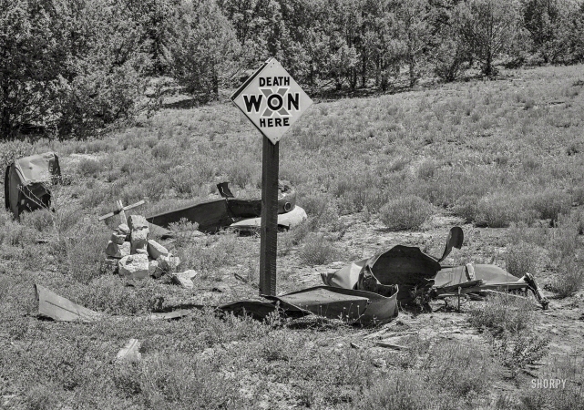 Photo showing: Death Won Here -- July 1940. Marker of accident on the highway in Bernalillo County, New Mexico.