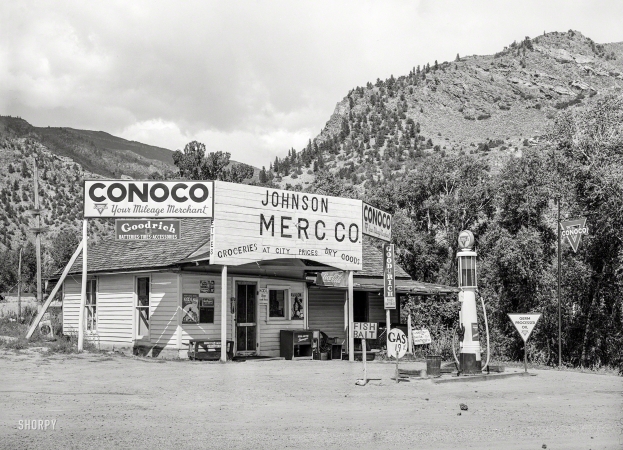 Photo showing: City Prices -- September 1940. Grocery store and filling station at Cimarron, Colorado.