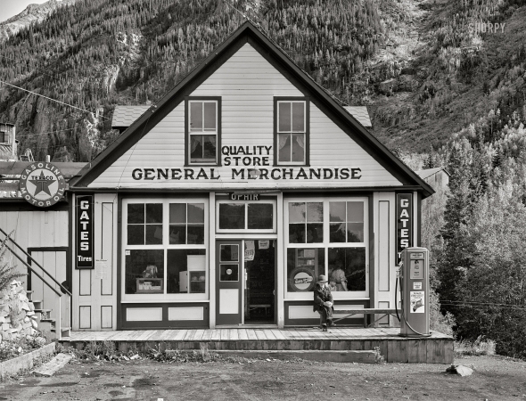 Photo showing: Quality Store -- September 1940. General store. Ophir, Colorado, a small gold mining town on the side of a mountain.