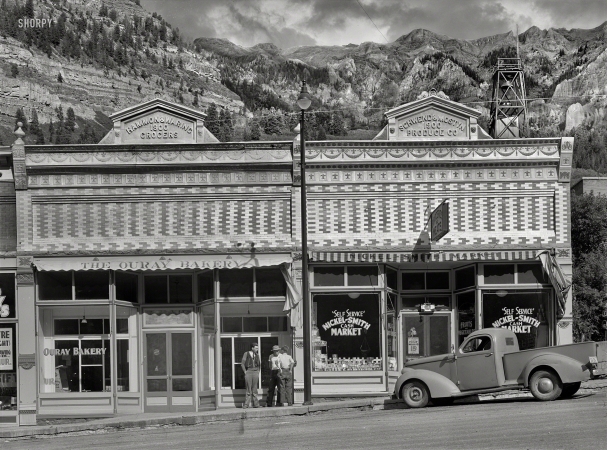 Photo showing: Ouray Bakery -- September 1940. Store buildings at Ouray, Colorado.