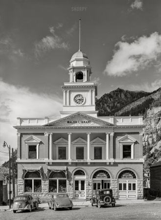 Photo showing: Official Ouray -- September 1940. Walsh Library and City Hall. Ouray, Colorado.