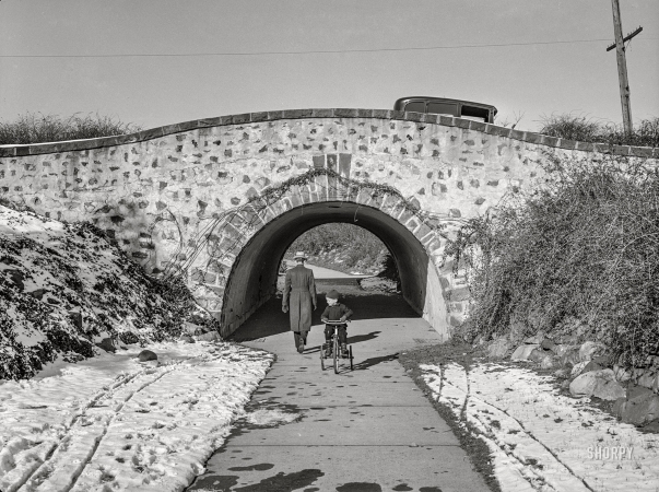 Photo showing: Going Under -- November 1935. Underground pass at the Radburn, New Jersey,
model housing community which alleviates the dangers of the highway.