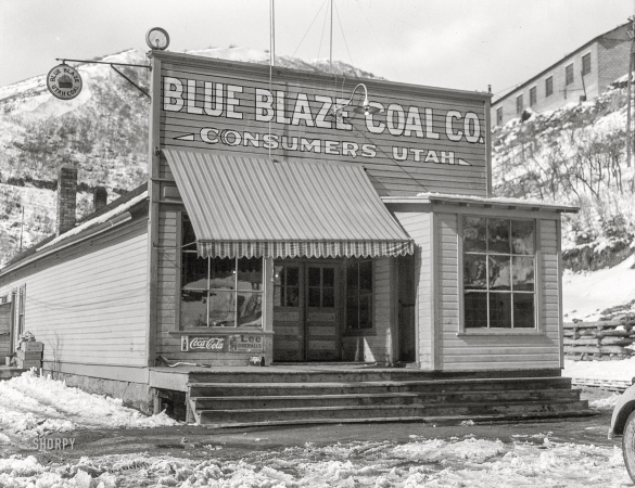 Photo showing: Blue Blaze Coal Co. -- March 1936. Consumers Utah 'Blue Blaze' company store in coal town. Near Price, Utah.