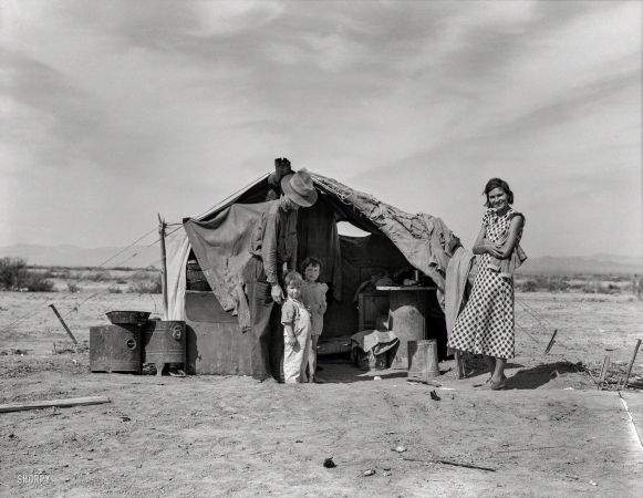 Photo showing: Neideffer Camp -- Spring 1937. This family without food and work about to be returned to Oklahoma
by the Relief Administration.vThey have lost a baby as a result of exposure during the winter.
Had to sell their tent and car to buy food. Neideffer Camp, Holtville, Imperial Valley, California. 