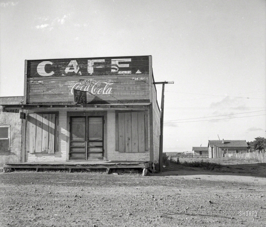 Photo showing: Sad! -- June 1937. Abandoned cafe in Carey, Texas, fast becoming a ghost town of the Texas plains.