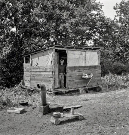 Photo showing: Tiny House -- August 1939. Josephine County, Oregon, near Grants Pass. A row of shelters like this for hop pickers' families.