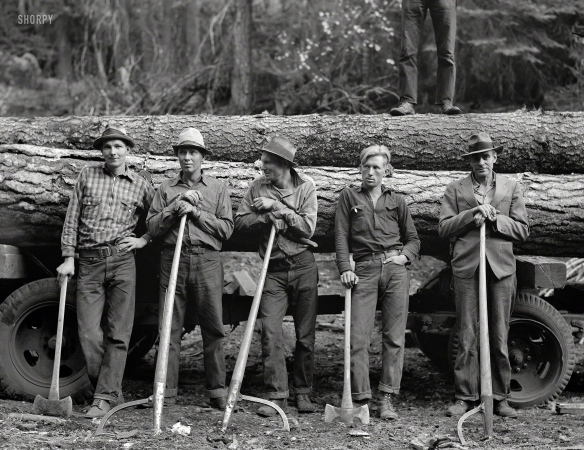 Photo showing: Sawdust Memories -- October 1939. Five Idaho farmers, members of Ola self-help sawmill co-op. Gem County, Idaho. 