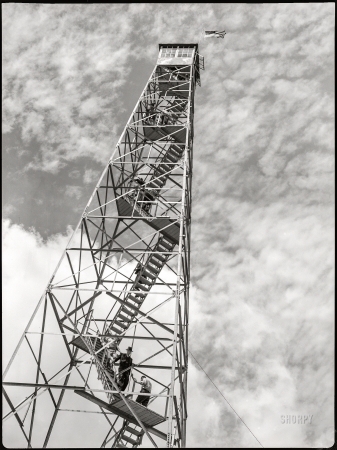 Photo showing: Firetower -- June 1937. Firetower. Allegan reforestation project of the U.S. Resettlement Administration in southwest Michigan.