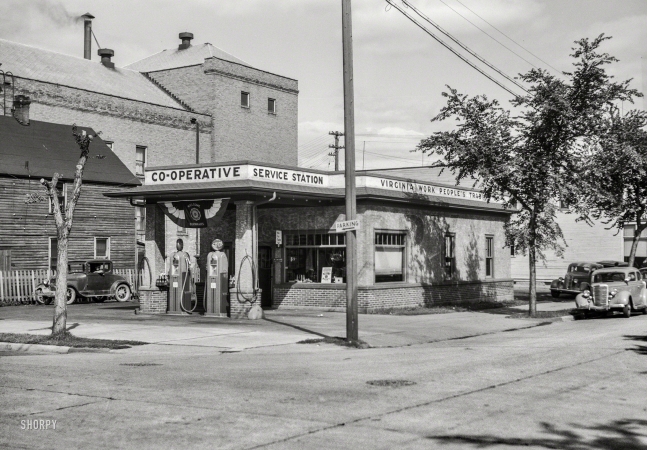 Photo showing: Co-op Gasoline -- August 1937. Virginia, Minnesota -- cooperative service station of the Virginia Work People's Trading Company.