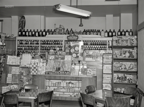 Photo showing: Pills and Potions -- March 1942. Washington, D.C. Interior of a drugstore on 14th Street N.W.