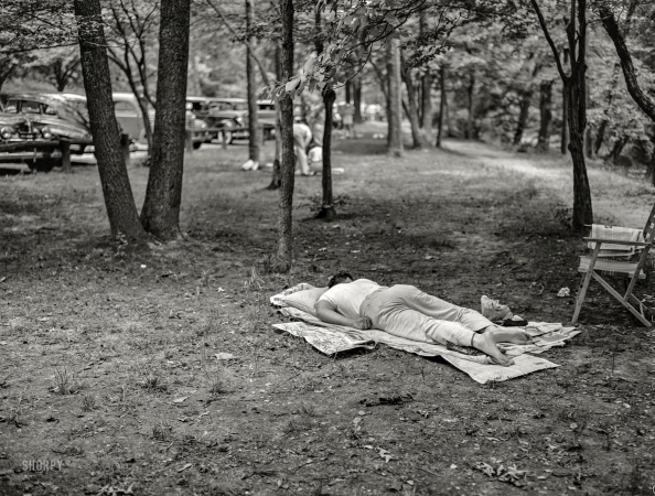 Photo showing: Barefoot in the Park -- July 1942. Washington, D.C. Man sleeping in Rock Creek Park.