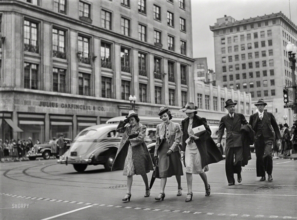 Photo showing: F Troop -- May 1939. Washington, D.C. Crossing F Street in front of Garfinckel's department store on 14th Street N.W.