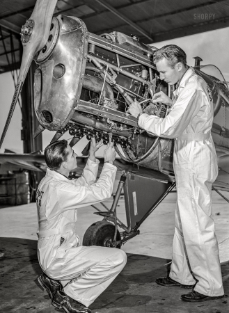 Photo showing: Prop School -- January 1942. Fort Worth, Texas. Meacham Field. Students
working on plane motor at civilian pilot training school.