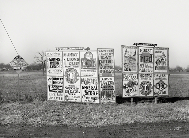 Photo showing: The Best of Hurst -- January 1939. Signs along highway approaching Hurst, Illinois.