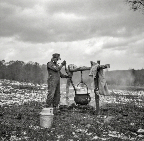 Photo showing: Hog Soup -- October 1936. Cooking hog soup. Garrett County, Maryland.