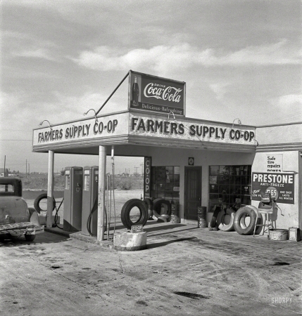 Photo showing: Co-op Tires -- October 1939. Farmers' supply co-op. Nyssa, Malheur County, Oregon.