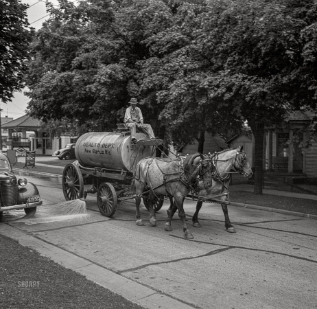 Photo showing: Municipal Hygiene. -- July 1937. Water wagon. New Glarus, Wisconsin.