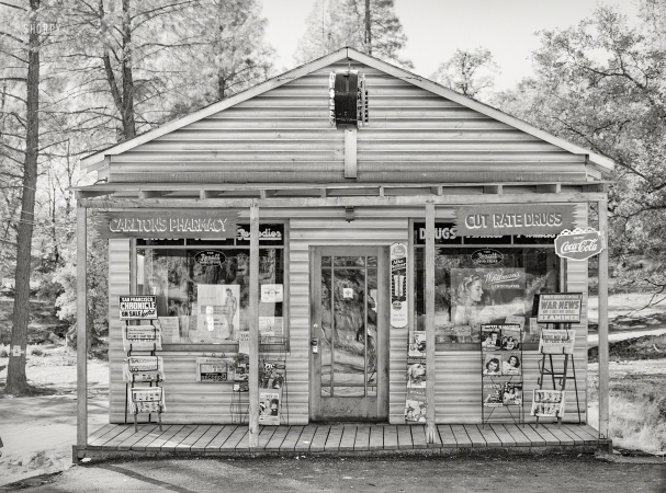 Photo showing: Carltons Pharmacy -- November 1940. Boomtown store near Shasta Dam construction site, Shasta County, California.