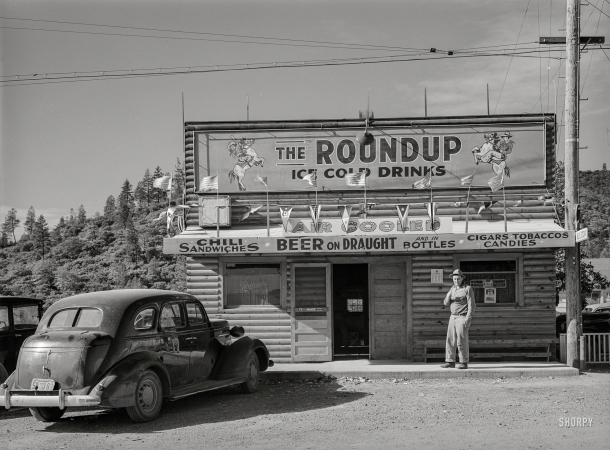 Photo showing: The Roundup -- November 1940. Restaurant and beer hall in Summit City, California, boom town near Shasta Dam.