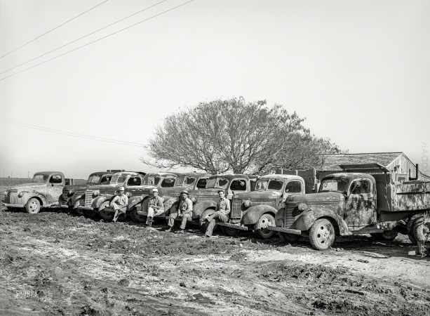 Photo showing: Trucks in a Row -- December 1940. Lineup of trucks at workers' camp near naval air base now under construction. Corpus Christi, Texas.