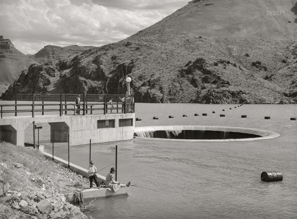 Photo showing: Fishing Hole -- May 1941. Malheur County, Oregon. Glory hole of the Owyhee Reservoir.