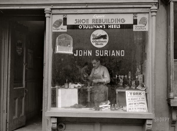 Photo showing: Sole Proprietor -- New York, 1938. Shoe repair establishment on East 63rd Street.
