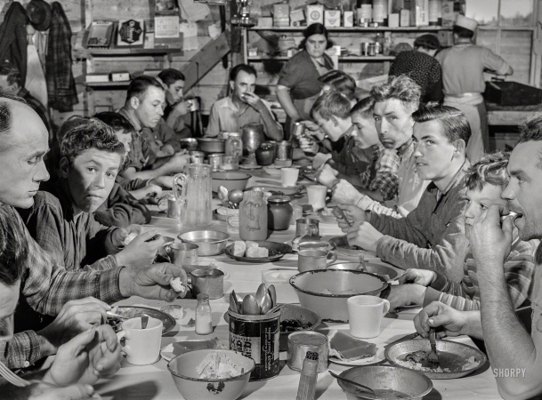 Photo showing: Trenchermans Lunch -- October 1940. Lunch hour at one of the farms of the Woodman Potato Co., north of Caribou, Maine.