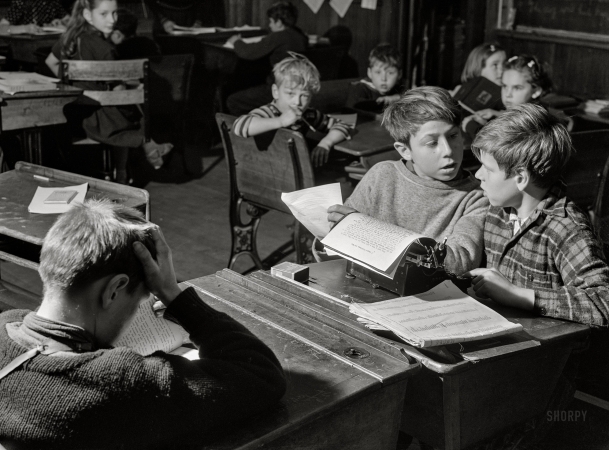 Photo showing: Creative Differences -- November 1940. Boys in the schoolhouse in Ledyard, Connecticut, working on the school newspaper.