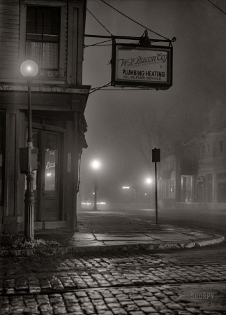 Photo showing: Where the Sidewalk Ends -- January 17, 1941. On a foggy night in New Bedford, Massachusetts.