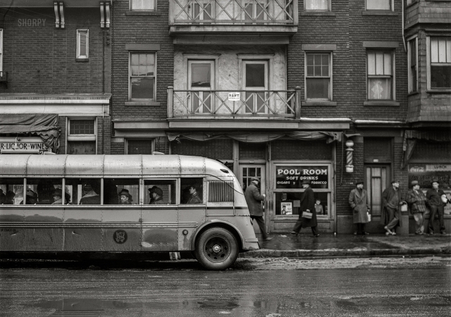 Photo showing: Steelbus -- January 1941. Busload of steelworkers going home. Aliquippa, Pennsylvania.