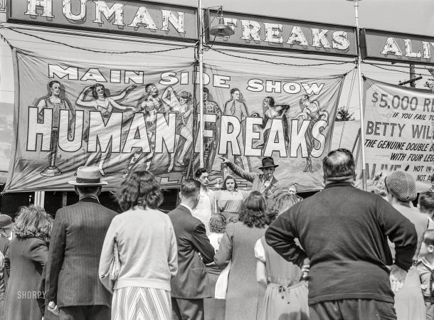 Photo showing: Freak Show -- September 1941. Outside a freak show at the State Fair in Rutland, Vermont.