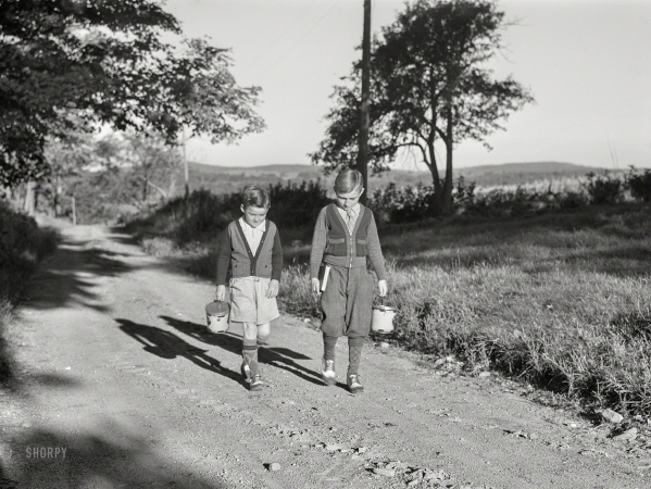 Photo showing: Lunch-Pail Pals -- September 1941. Two of the Gaynor boys walking to school near Fairfield, Vermont.