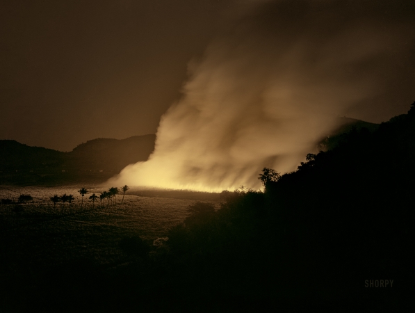 Photo showing: Night Fire -- January 1942. Guanica, Puerto Rico (vicinity). Burning a sugar cane field.