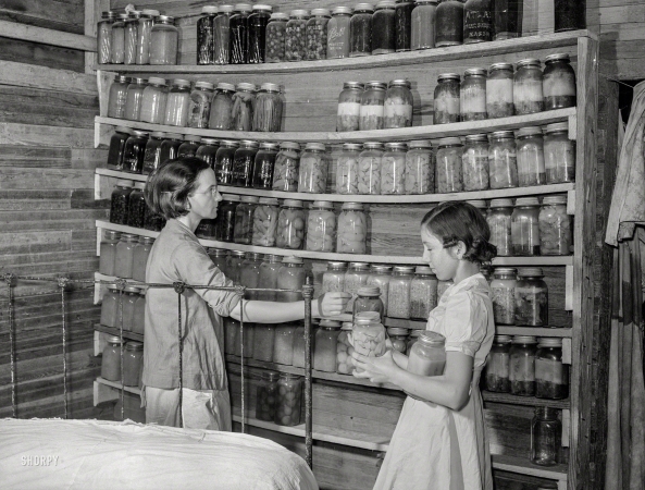 Photo showing: Can Much? -- April 1939. Coffee County, Alabama. Mrs. Peacock and daughter
Mary getting some of their supply of canned foods for dinner.