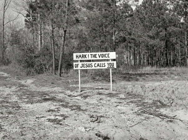 Photo showing: Next Exit -- May 1939. Alabama. The poorer the land, the more frequently one sees religious signs along highways.