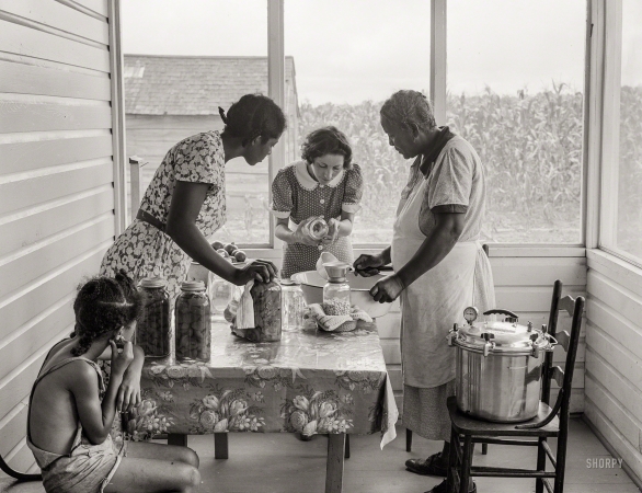 Photo showing: Yes We Can Can -- June 1939. Summerton, South Carolina. FSA home supervisor assisting wife and
daughter of Frederick Oliver, tenant purchase client, in canning with new pressure cooker.