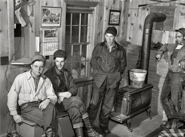 Photo showing: Break Room -- February 1940. Hired help resting after day's work in Upwey horse farm. South Woodstock, Vermont.