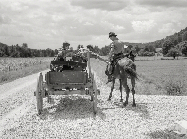 Photo showing: Out for Delivery. -- July 1940. Rural mailman transfers letters and packages to another
postman's saddlebags. In the mountain section near Morehead, Kentucky.