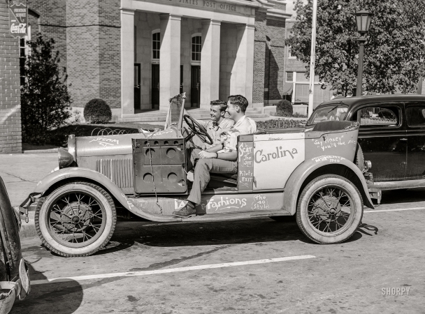 Photo showing: The Men From UNC -- October 1940. University of North Carolina boys in their car at the Chapel Hill post office.