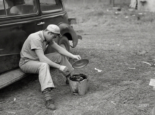 Photo showing: Skillet Worker -- December 1940. John H. Poole Jr, carpenter on construction job at Camp Livingston ... 
