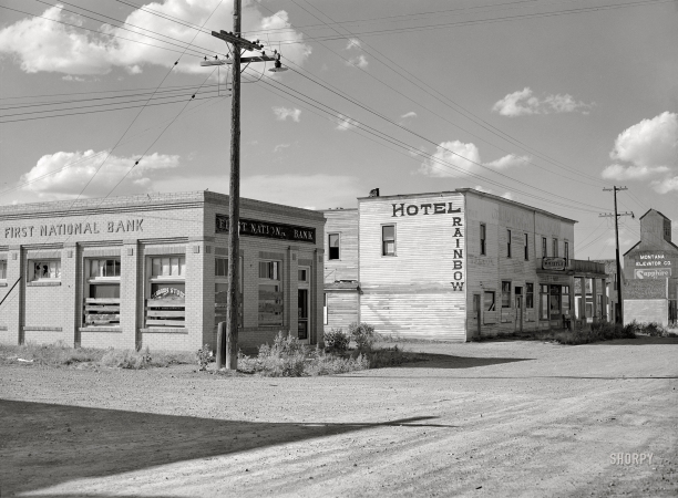 Photo showing: Hotel Rainbow -- September 1941. Buildings on main street of ghost town. Judith Basin, Montana.