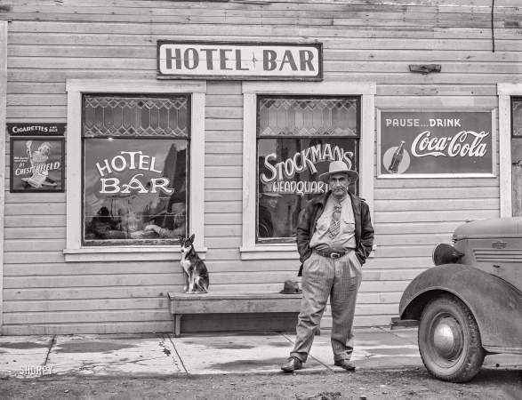 Photo showing: Paws ... Drink -- September 1941. Cattle country and rural scenes. Hotel in Big Piney, Wyoming.