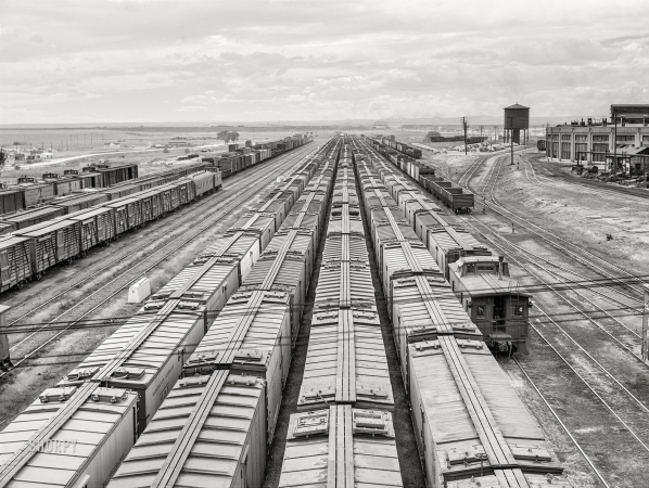 Photo showing: Laramie Yards -- September 1941. Freight trains in yards. Laramie, Wyoming.